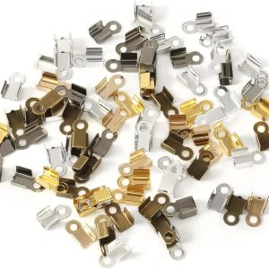 200 Pieces Fold Over Cord Ends Cord Crimp End Tips Fold-Over End Caps Leather Ribbon Ending Clasp Tips Jewelry Connector for Jewelry Making, 3.5 x 9 mm/ 0.14 x 0.35 Inch, 6 Colors