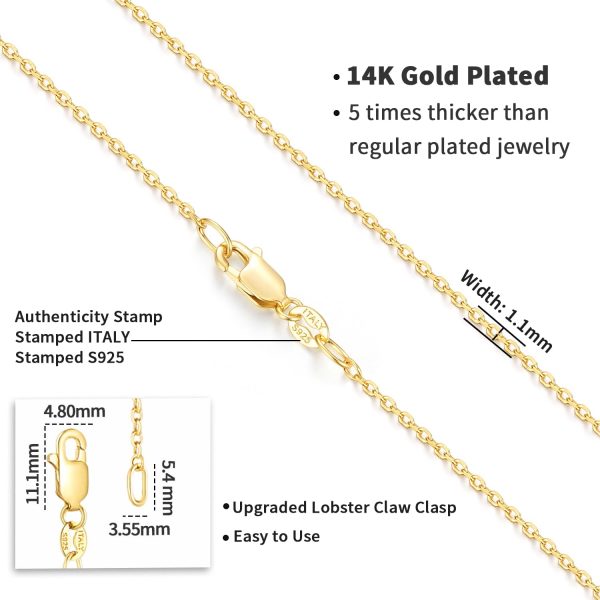 Italian 14K Real Gold Over 925 Sterling Silver Chain Necklace for Women, 1.1mm 1.3mm Cable Chain Necklace Hypoallergenic & Comfortable Women's Chain Necklaces 14 16 18 20 22 24 26 Inch - Image 4